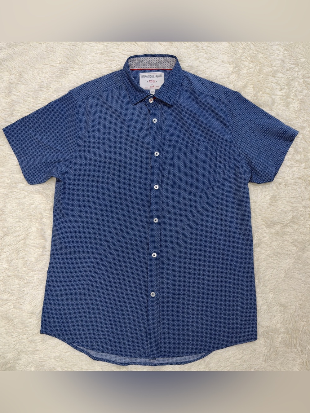 International Report Blue Geometric Pattern Button Up Polo Shirt Men's Size S